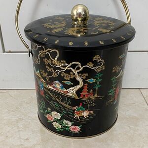 Antique Baret Ware Tin Biscuit Barrel W Moisture Pull Out Chinoiserie Asian